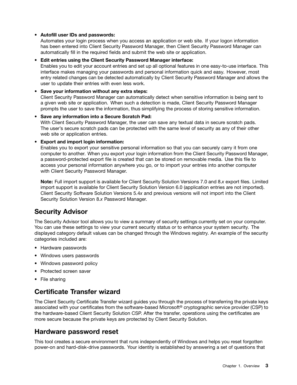 Security advisor, Certificate transfer wizard, Hardware password reset | Lenovo ThinkVantage (Client Security Solution 8.21) User Manual | Page 9 / 86
