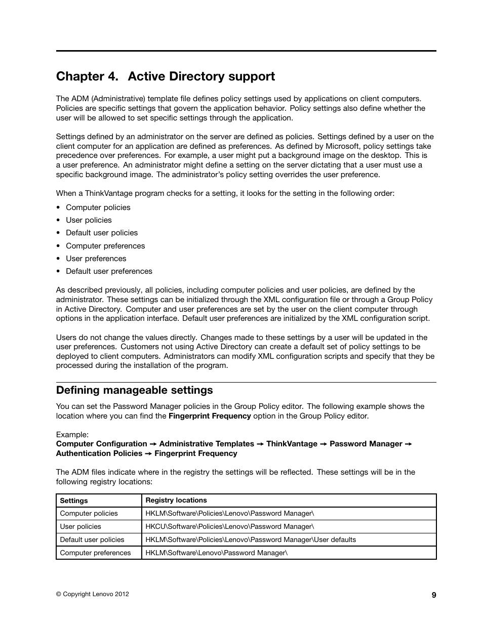 Chapter 4. active directory support, Defining manageable settings | Lenovo ThinkVantage Password Manager 4 User Manual | Page 13 / 20