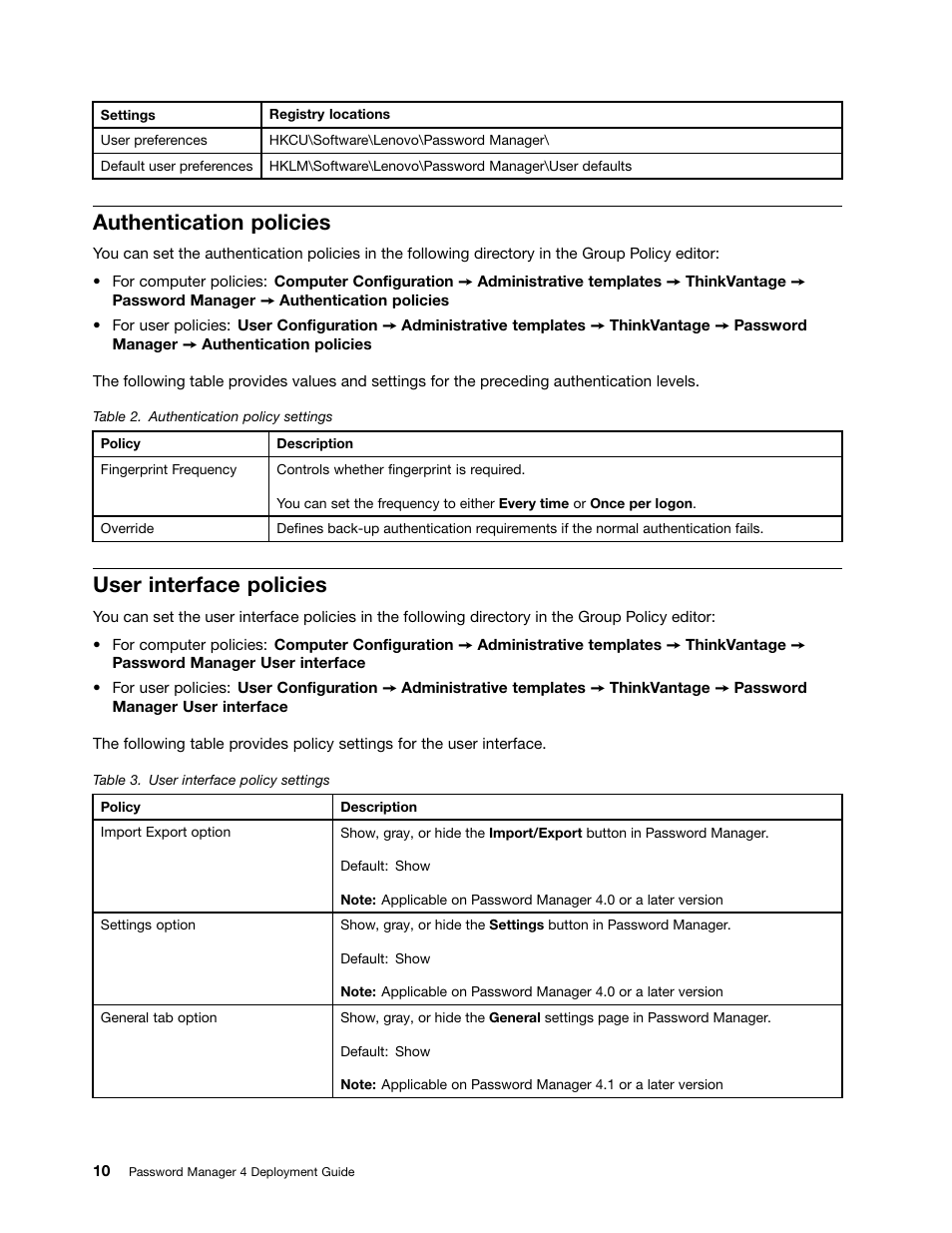 Authentication policies, User interface policies | Lenovo ThinkVantage Password Manager 4 User Manual | Page 14 / 20