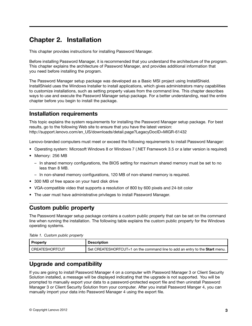 Chapter 2. installation, Installation requirements, Custom public property | Upgrade and compatibility | Lenovo ThinkVantage Password Manager 4 User Manual | Page 7 / 20