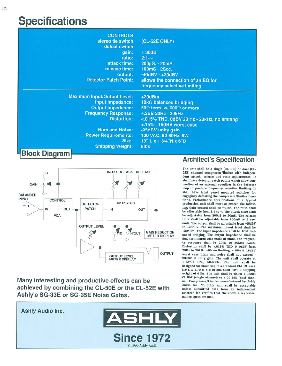 Ashly audio inc, Ashly, Specifications | Since 1972, Block diagram, Architect’s specification | Ashly Compressor/Limiter CL-52 User Manual | Page 2 / 2