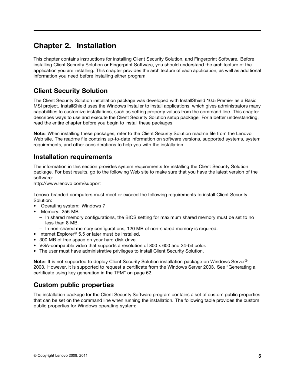Chapter 2. installation, Client security solution, Installation requirements | Custom public properties | Lenovo ThinkVantage Client Security Solution 8.3 User Manual | Page 11 / 86