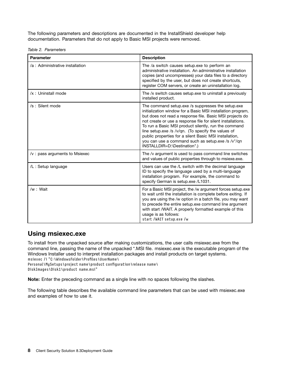 Using msiexec.exe | Lenovo ThinkVantage Client Security Solution 8.3 User Manual | Page 14 / 86