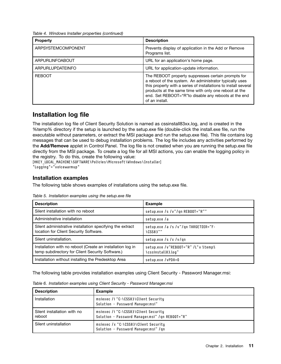 Installation log file, Installation examples | Lenovo ThinkVantage Client Security Solution 8.3 User Manual | Page 17 / 86