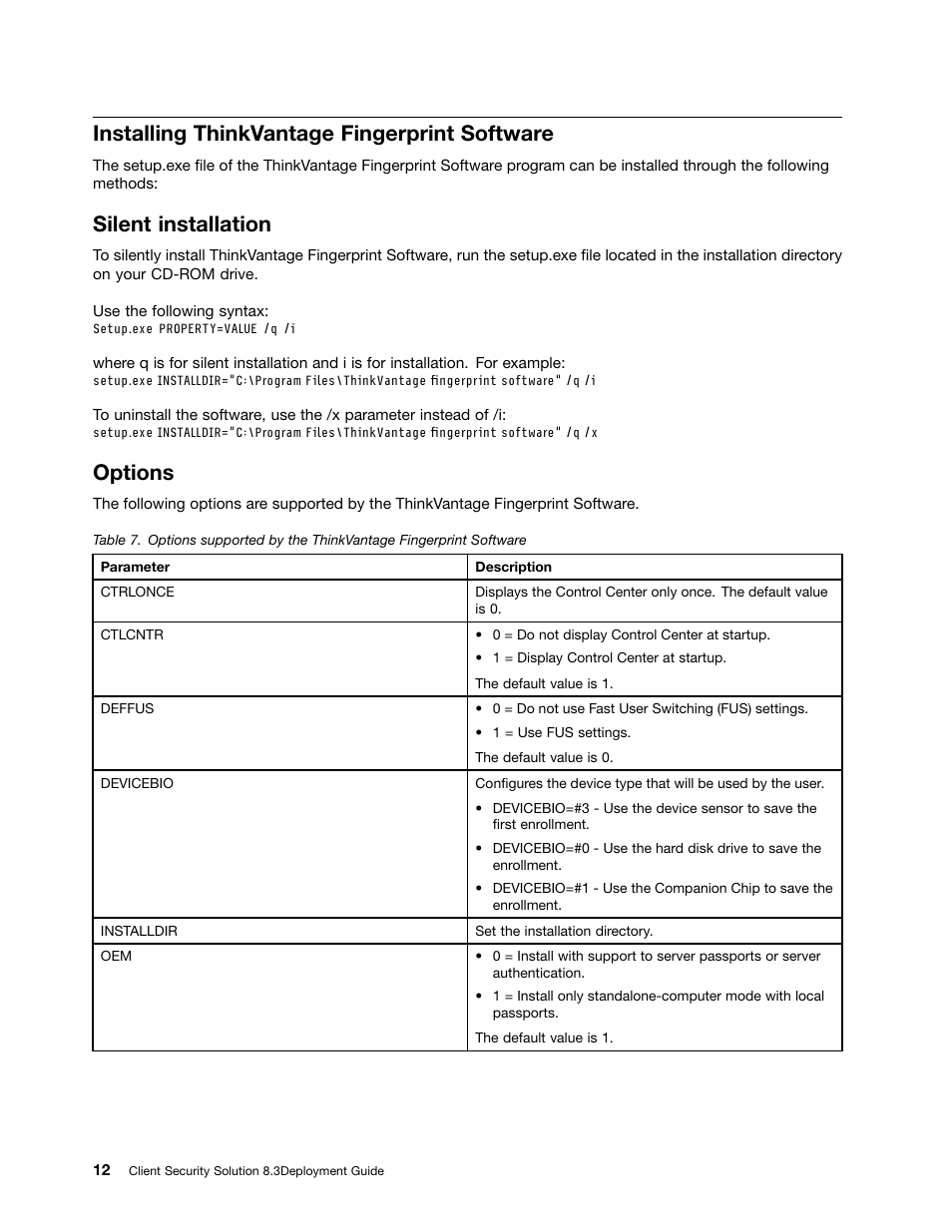 Installing thinkvantage fingerprint software, Silent installation, Options | Lenovo ThinkVantage Client Security Solution 8.3 User Manual | Page 18 / 86