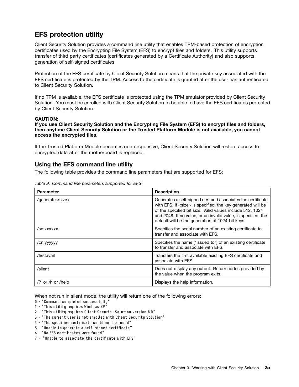 Efs protection utility, Using the efs command line utility | Lenovo ThinkVantage Client Security Solution 8.3 User Manual | Page 31 / 86