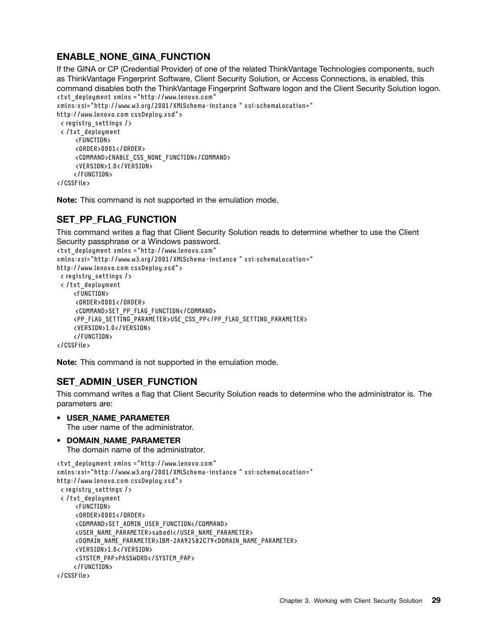 Enable_none_gina_function, Set_pp_flag_function, Set_admin_user_function | Lenovo ThinkVantage Client Security Solution 8.3 User Manual | Page 35 / 86