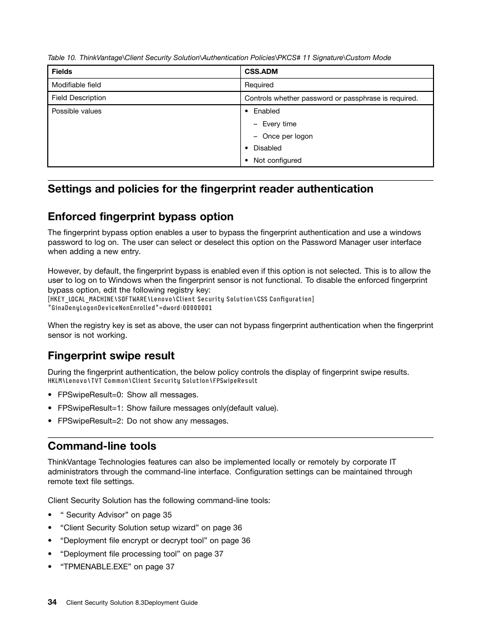 Enforced fingerprint bypass option, Fingerprint swipe result, Command-line tools | Lenovo ThinkVantage Client Security Solution 8.3 User Manual | Page 40 / 86