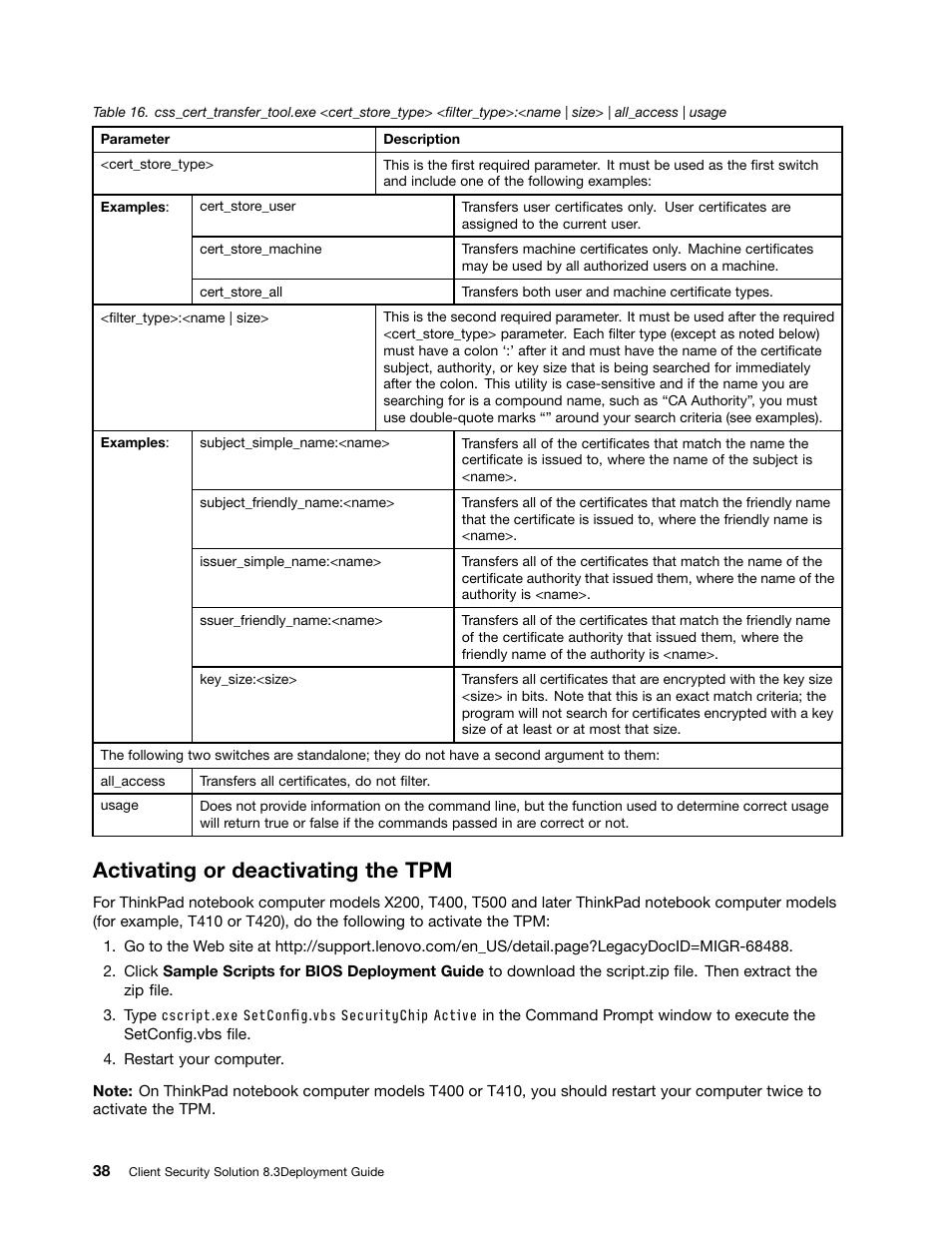 Activating or deactivating the tpm | Lenovo ThinkVantage Client Security Solution 8.3 User Manual | Page 44 / 86