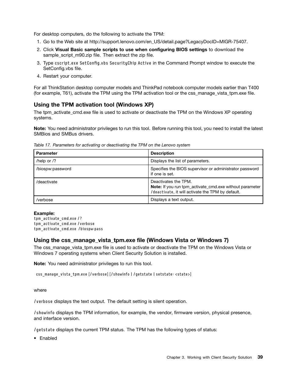 Using the tpm activation tool (windows xp) | Lenovo ThinkVantage Client Security Solution 8.3 User Manual | Page 45 / 86