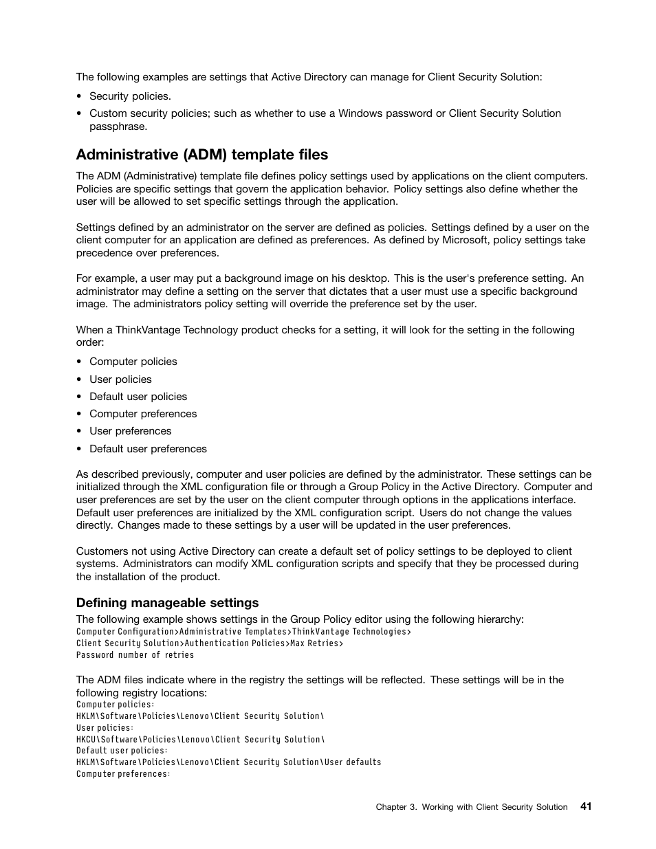 Administrative (adm) template files | Lenovo ThinkVantage Client Security Solution 8.3 User Manual | Page 47 / 86