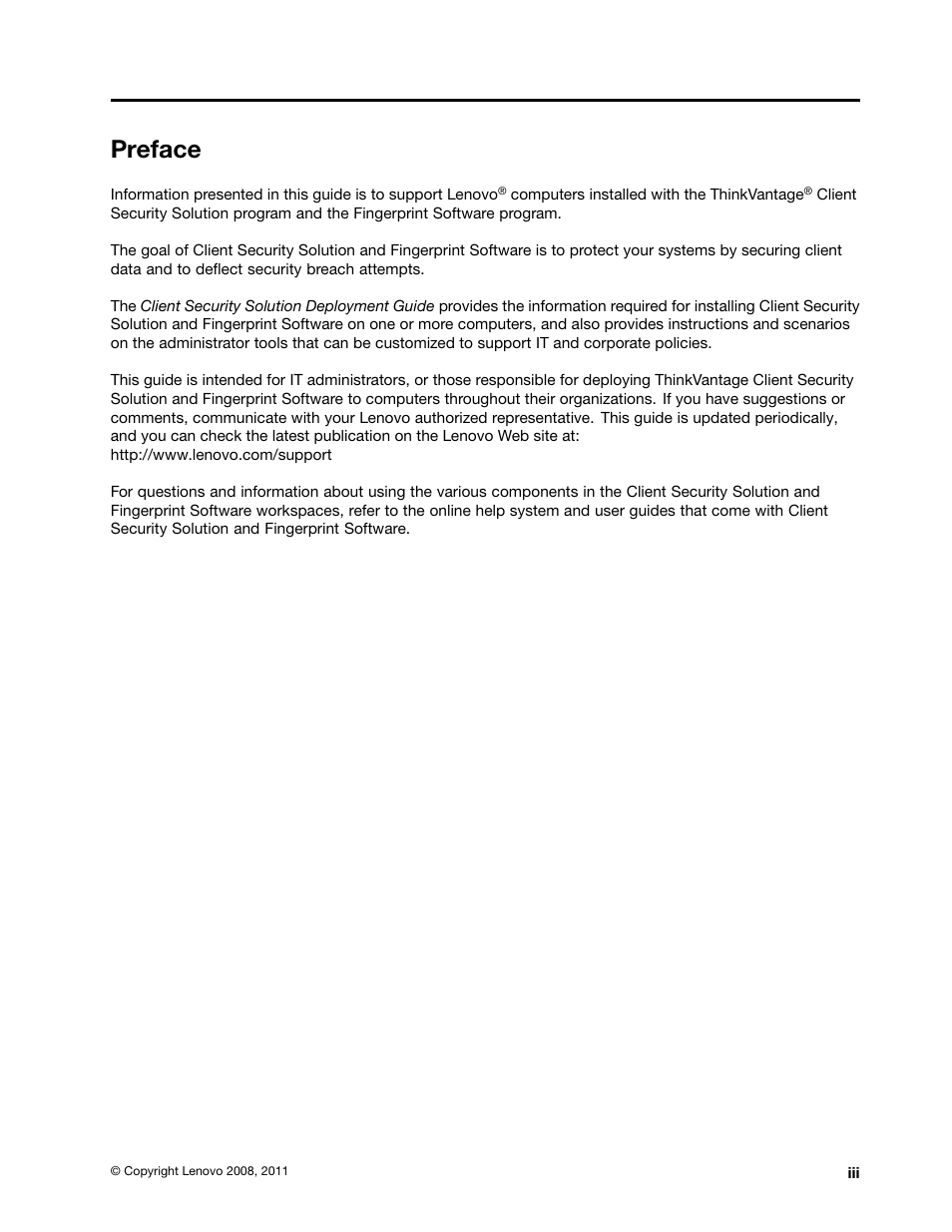 Preface | Lenovo ThinkVantage Client Security Solution 8.3 User Manual | Page 5 / 86