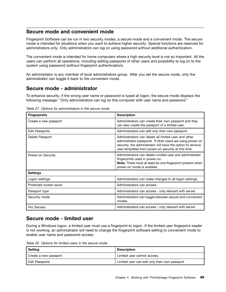 Secure mode and convenient mode, Secure mode - administrator, Secure mode - limited user | Lenovo ThinkVantage Client Security Solution 8.3 User Manual | Page 55 / 86
