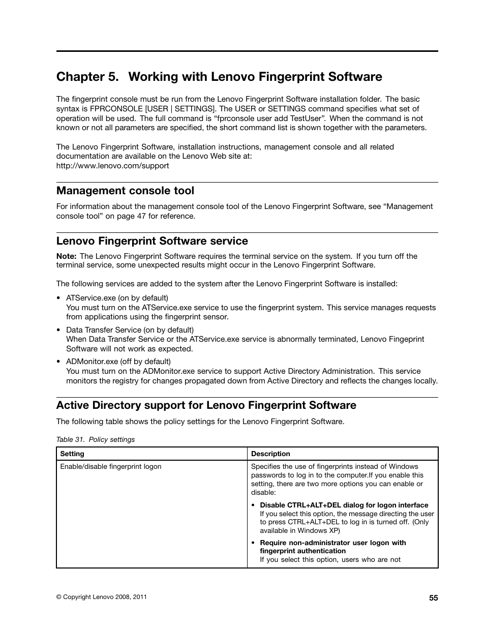 Management console tool, Lenovo fingerprint software service | Lenovo ThinkVantage Client Security Solution 8.3 User Manual | Page 61 / 86