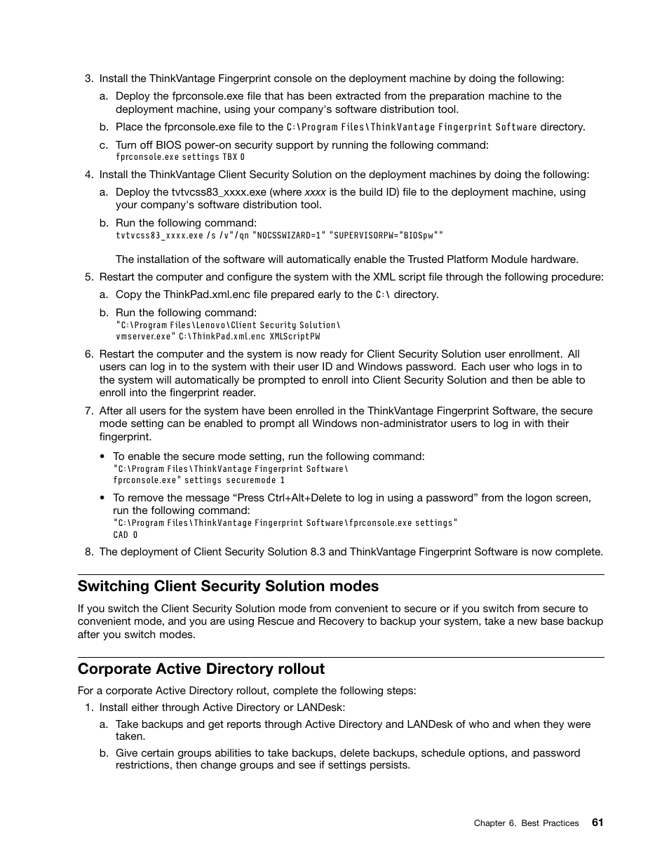 Switching client security solution modes, Corporate active directory rollout | Lenovo ThinkVantage Client Security Solution 8.3 User Manual | Page 67 / 86
