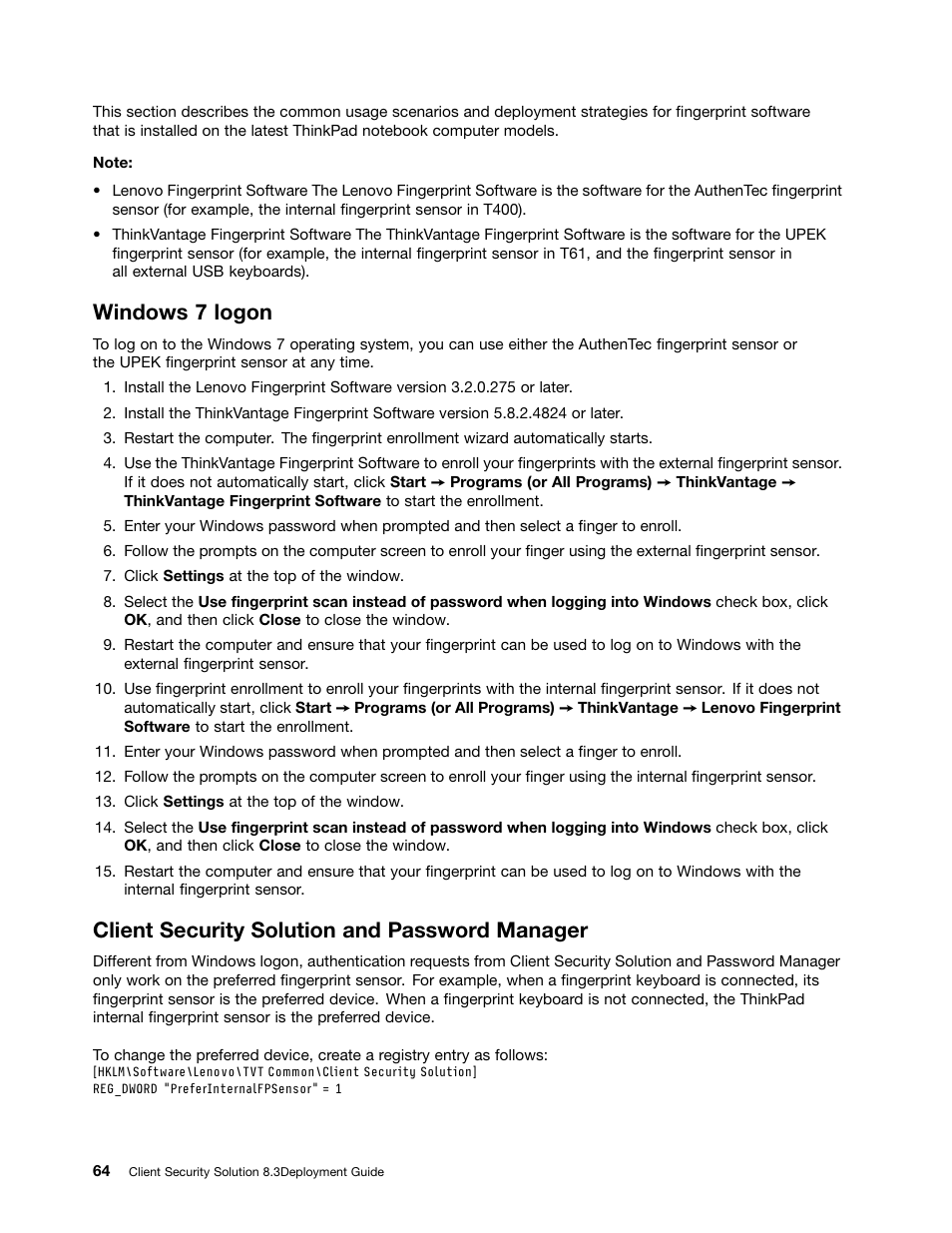 Windows 7 logon, Client security solution and password manager | Lenovo ThinkVantage Client Security Solution 8.3 User Manual | Page 70 / 86