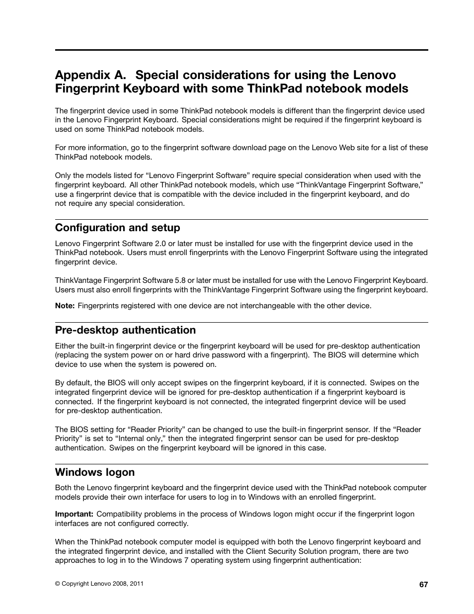 Configuration and setup, Pre-desktop authentication, Windows logon | Lenovo ThinkVantage Client Security Solution 8.3 User Manual | Page 73 / 86