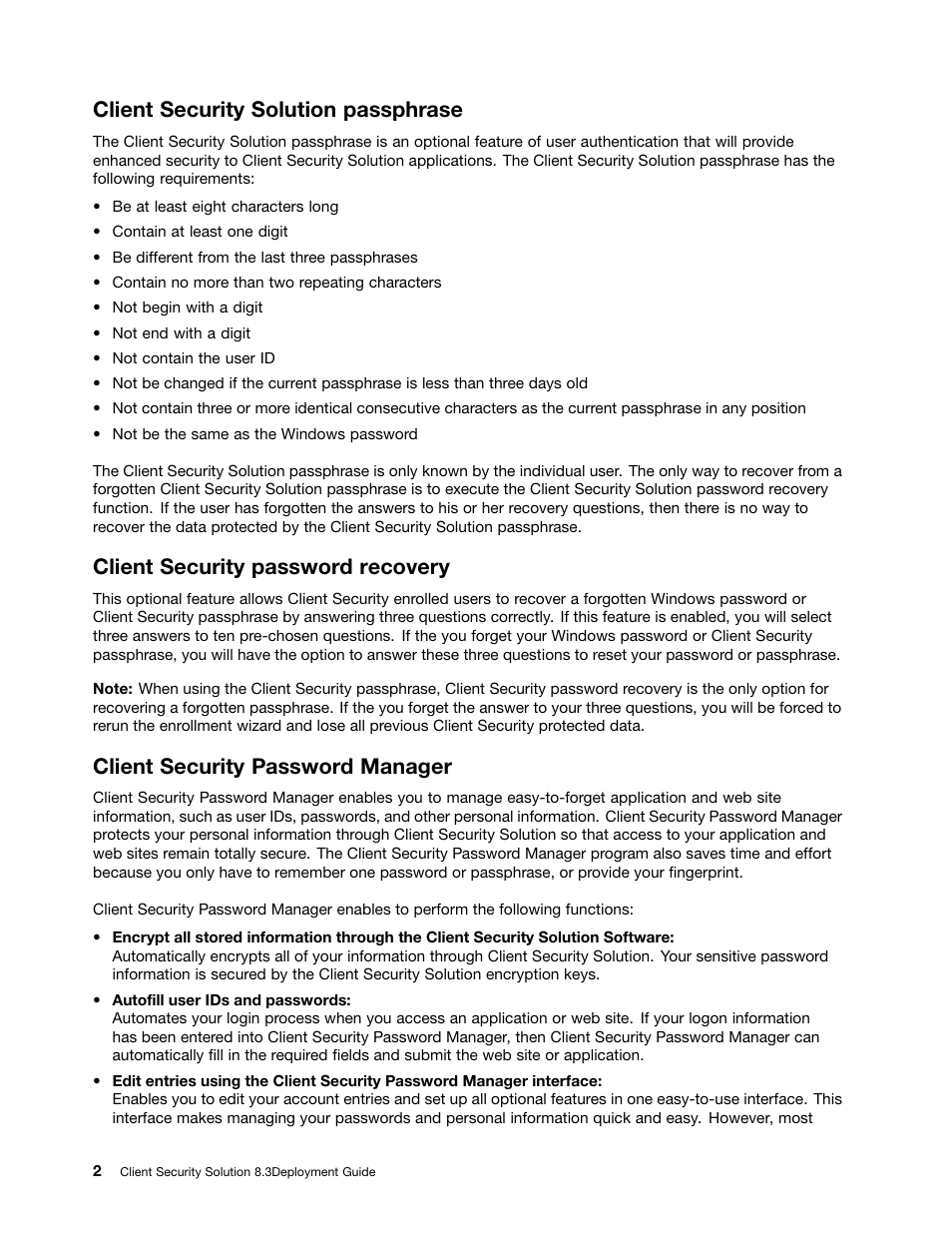 Client security solution passphrase, Client security password recovery, Client security password manager | Lenovo ThinkVantage Client Security Solution 8.3 User Manual | Page 8 / 86