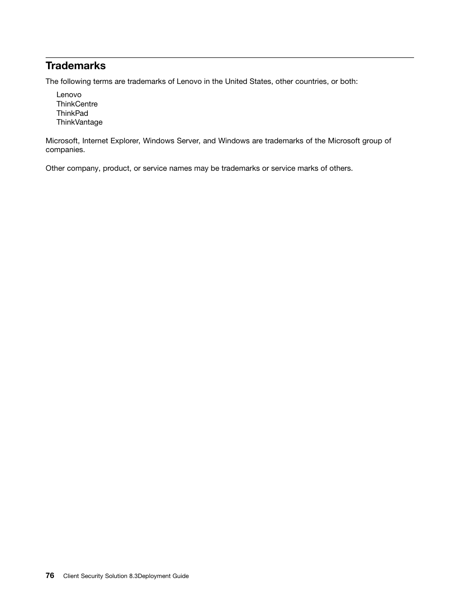 Trademarks | Lenovo ThinkVantage Client Security Solution 8.3 User Manual | Page 82 / 86