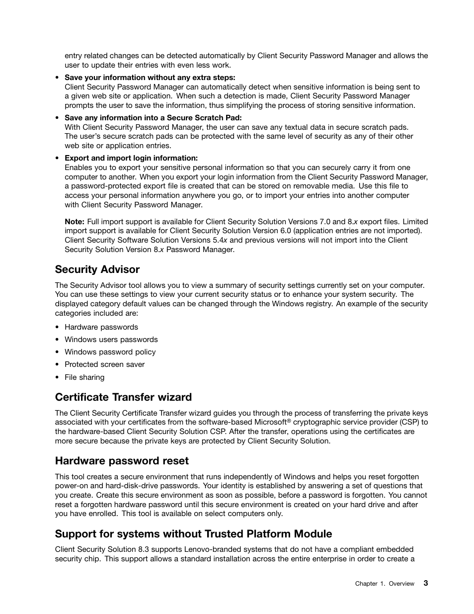 Security advisor, Certificate transfer wizard, Hardware password reset | Lenovo ThinkVantage Client Security Solution 8.3 User Manual | Page 9 / 86