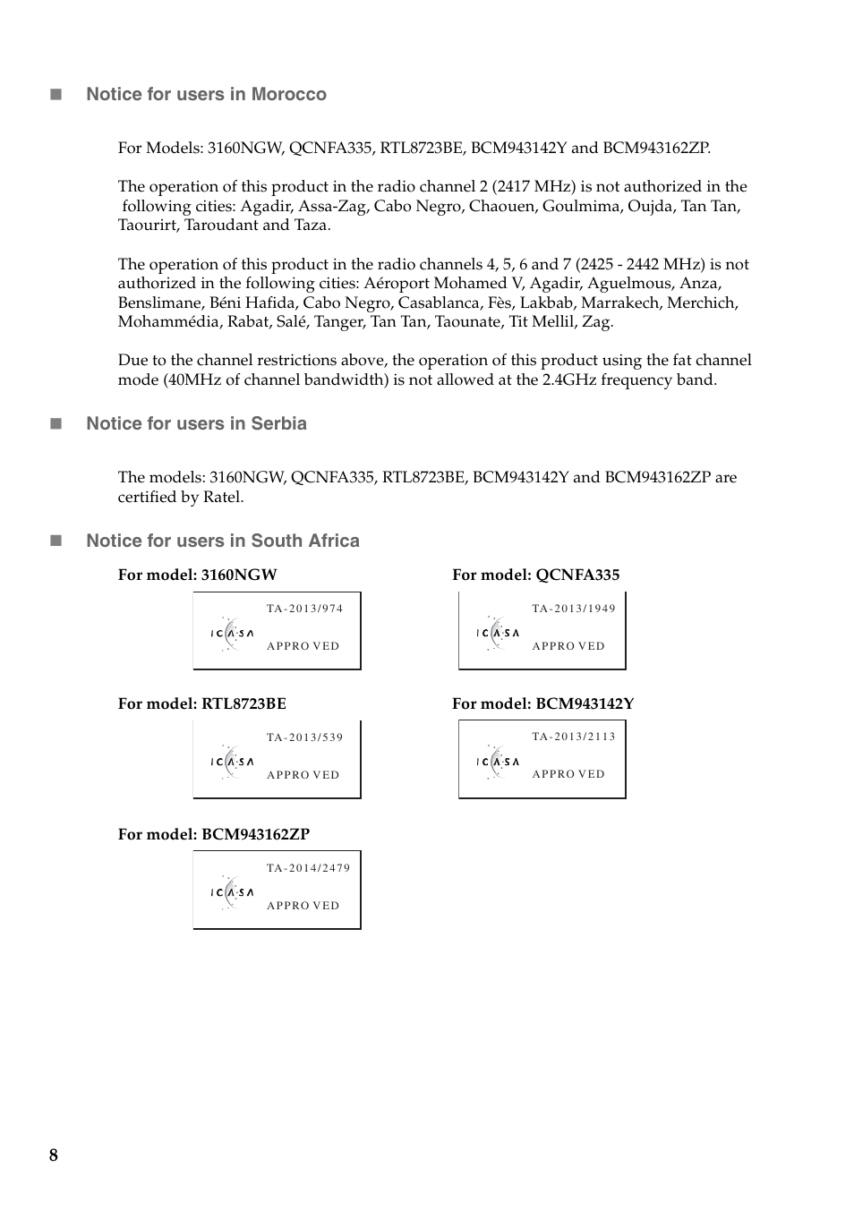 8 notice for users in morocco, Notice for users in serbia, Notice for users in south africa | Lenovo Flex 2-14 Notebook Lenovo User Manual | Page 9 / 15