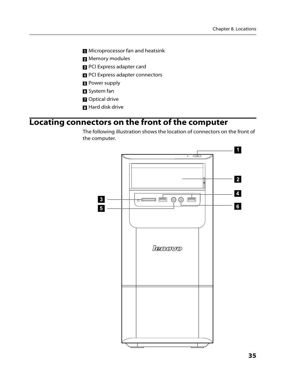 Locating connectors on the front of the computer | Lenovo H430 Desktop User Manual | Page 37 / 66