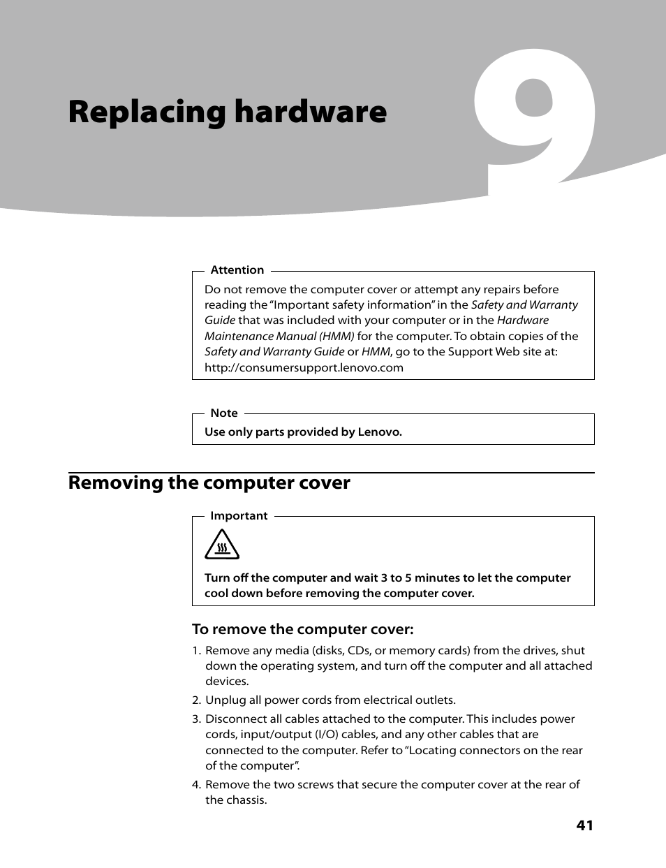 Replacing hardware | Lenovo H430 Desktop User Manual | Page 43 / 66