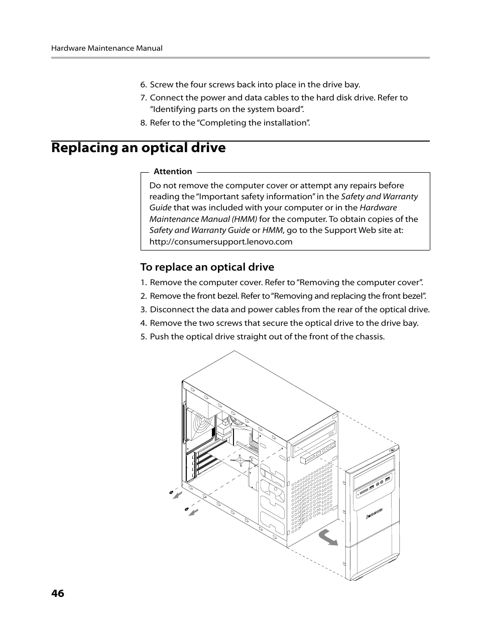 Replacing an optical drive | Lenovo H430 Desktop User Manual | Page 48 / 66