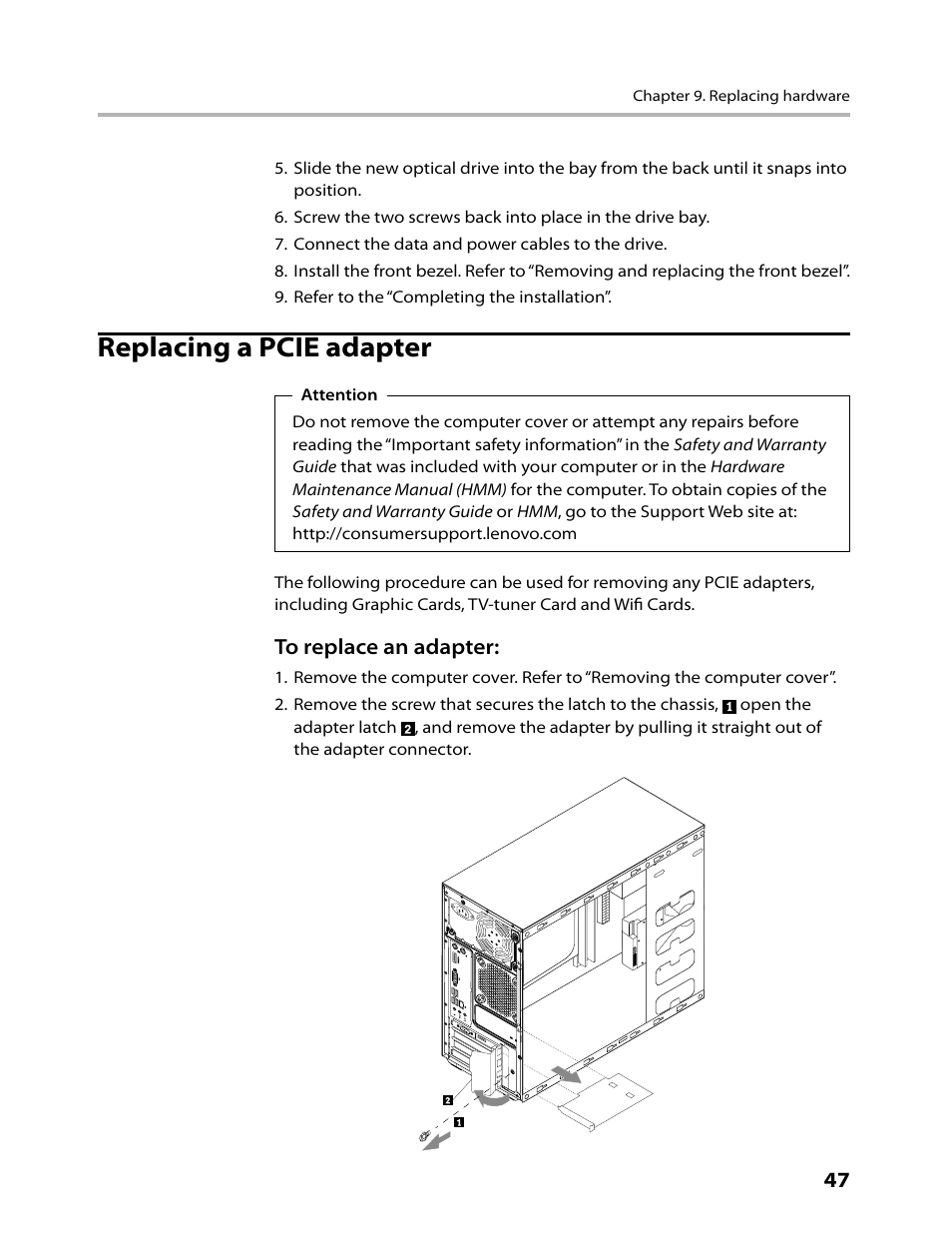 Replacing a pcie adapter | Lenovo H430 Desktop User Manual | Page 49 / 66