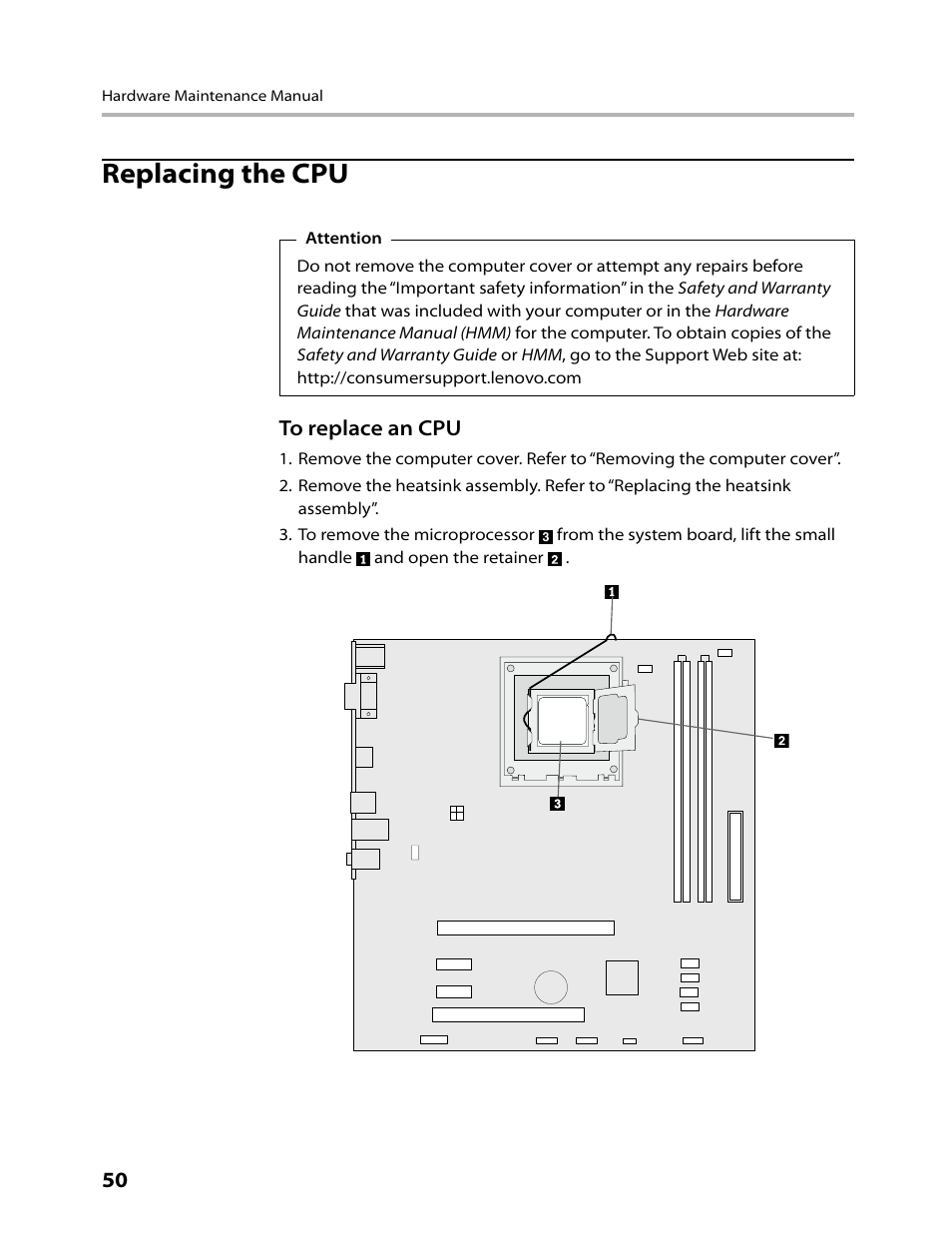Replacing the cpu | Lenovo H430 Desktop User Manual | Page 52 / 66