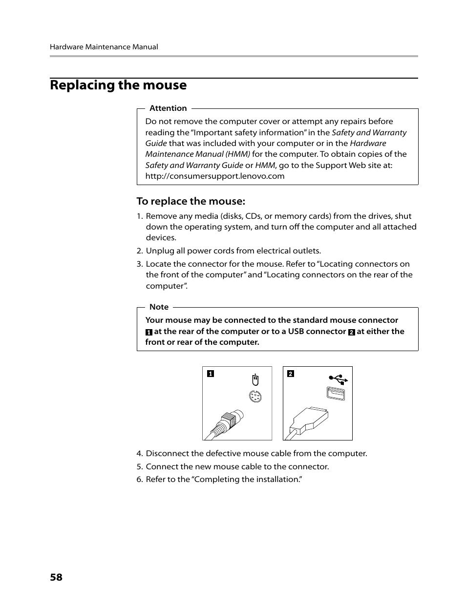 Replacing the mouse | Lenovo H430 Desktop User Manual | Page 60 / 66