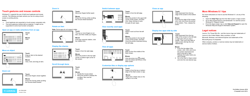 Touch gestures and mouse controls, Open an app or make selections from an app, Move an object | Zoom out, Zoom in, Rotate an item, Display the charms, Scroll through items, Switch between apps, View recently used apps | Lenovo Getting Started with Windows 8.1 User Manual | Page 2 / 2