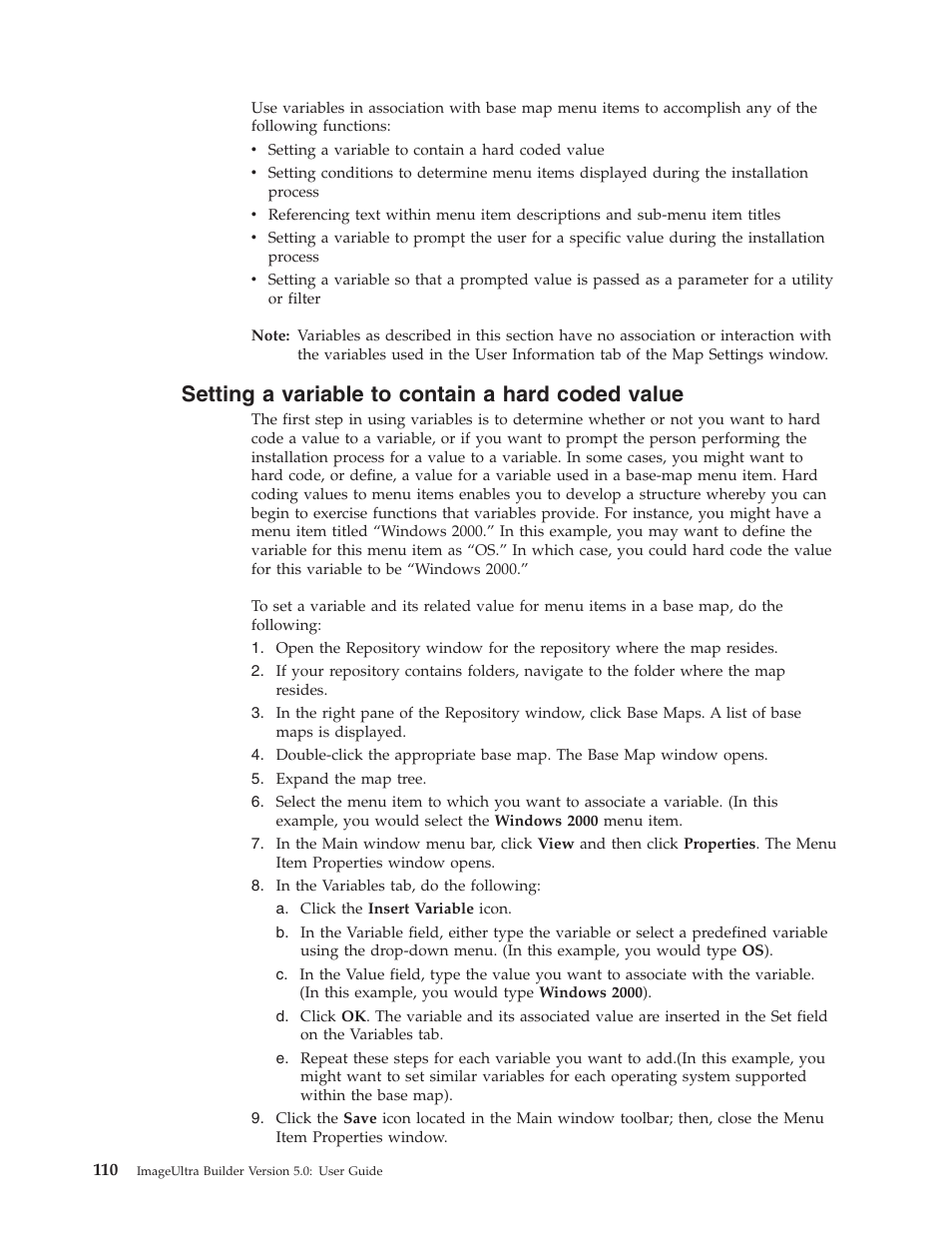 Setting a variable to contain a hard coded value | Lenovo ThinkVantage ImageUltra Builder Version 5.0 User Manual | Page 124 / 222