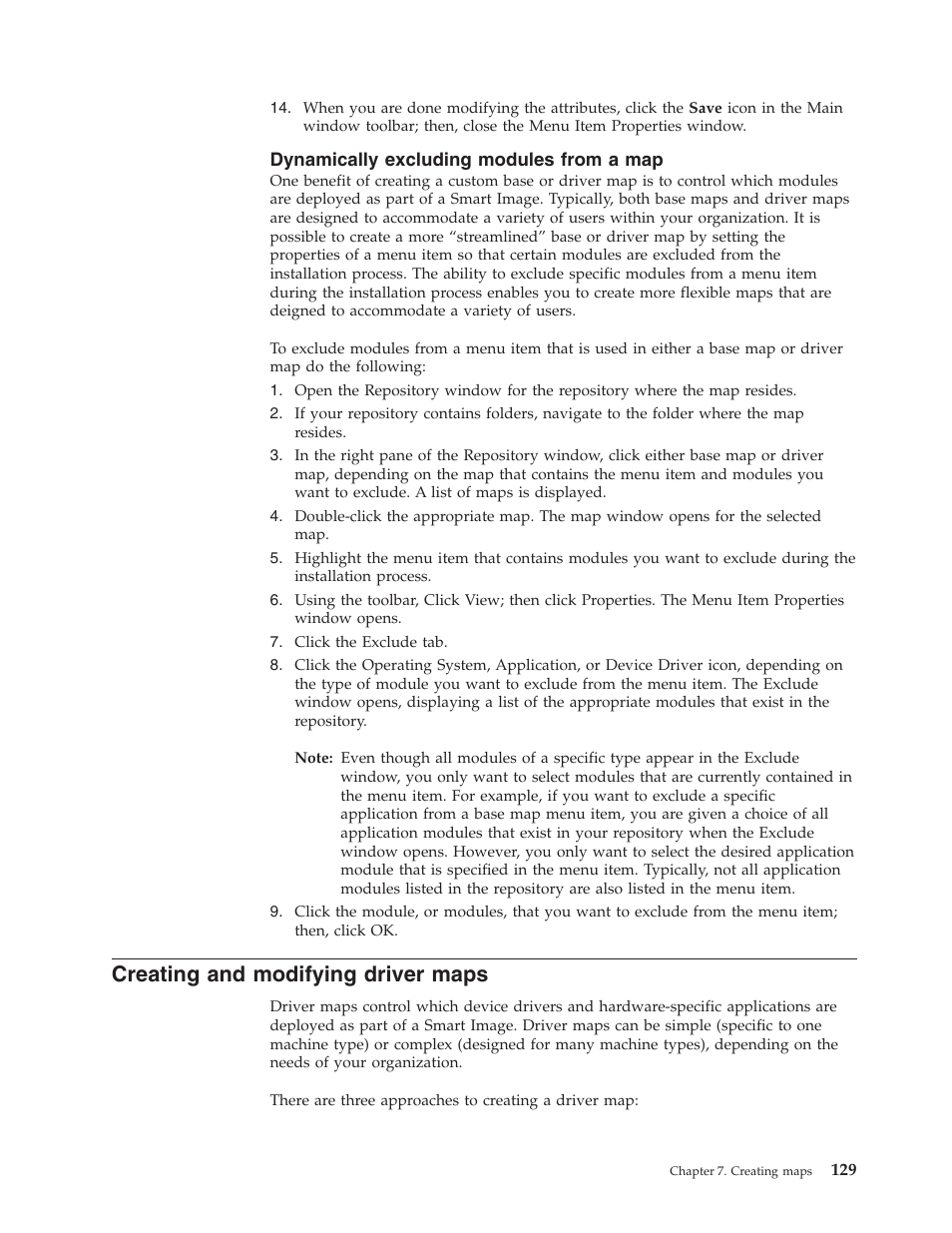 Dynamically excluding modules from a map, Creating and modifying driver maps | Lenovo ThinkVantage ImageUltra Builder Version 5.0 User Manual | Page 143 / 222