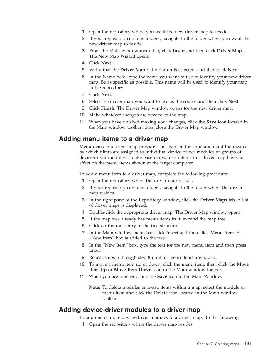 Adding menu items to a driver map, Adding device-driver modules to a driver map | Lenovo ThinkVantage ImageUltra Builder Version 5.0 User Manual | Page 145 / 222