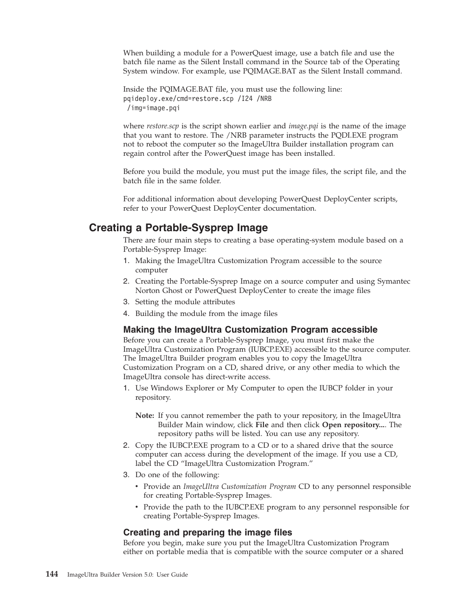 Creating a portable-sysprep image, Creating and preparing the image files | Lenovo ThinkVantage ImageUltra Builder Version 5.0 User Manual | Page 158 / 222