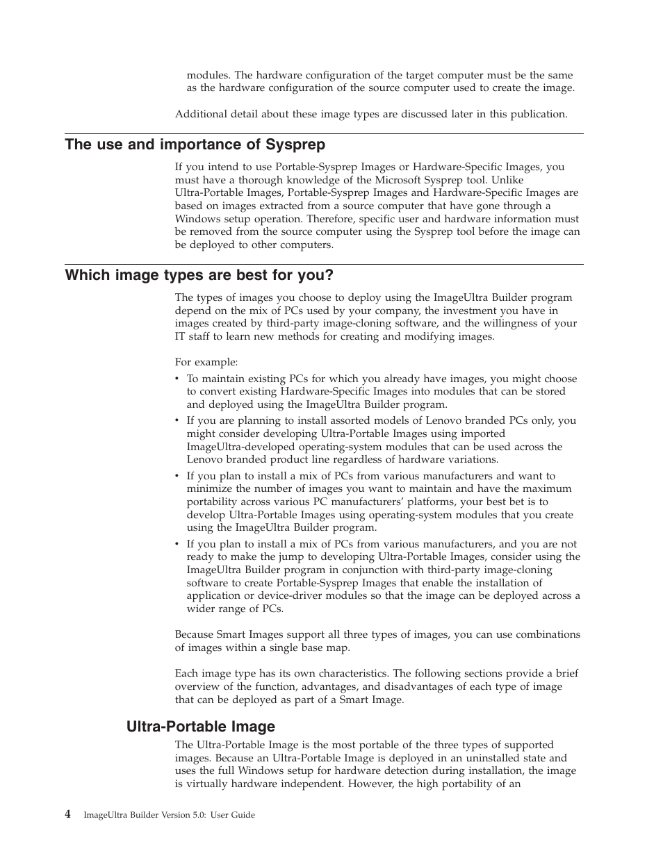 The use and importance of sysprep, Which image types are best for you, Ultra-portable image | Lenovo ThinkVantage ImageUltra Builder Version 5.0 User Manual | Page 18 / 222