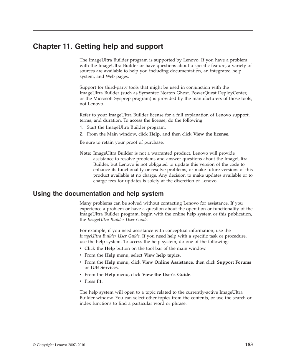 Chapter 11. getting help and support, Using the documentation and help system | Lenovo ThinkVantage ImageUltra Builder Version 5.0 User Manual | Page 197 / 222
