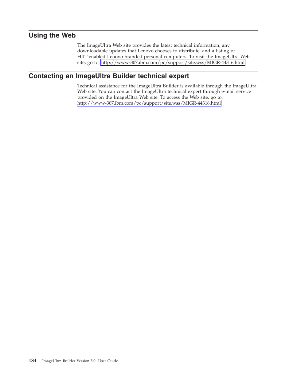Using the web, Contacting an imageultra builder technical expert | Lenovo ThinkVantage ImageUltra Builder Version 5.0 User Manual | Page 198 / 222