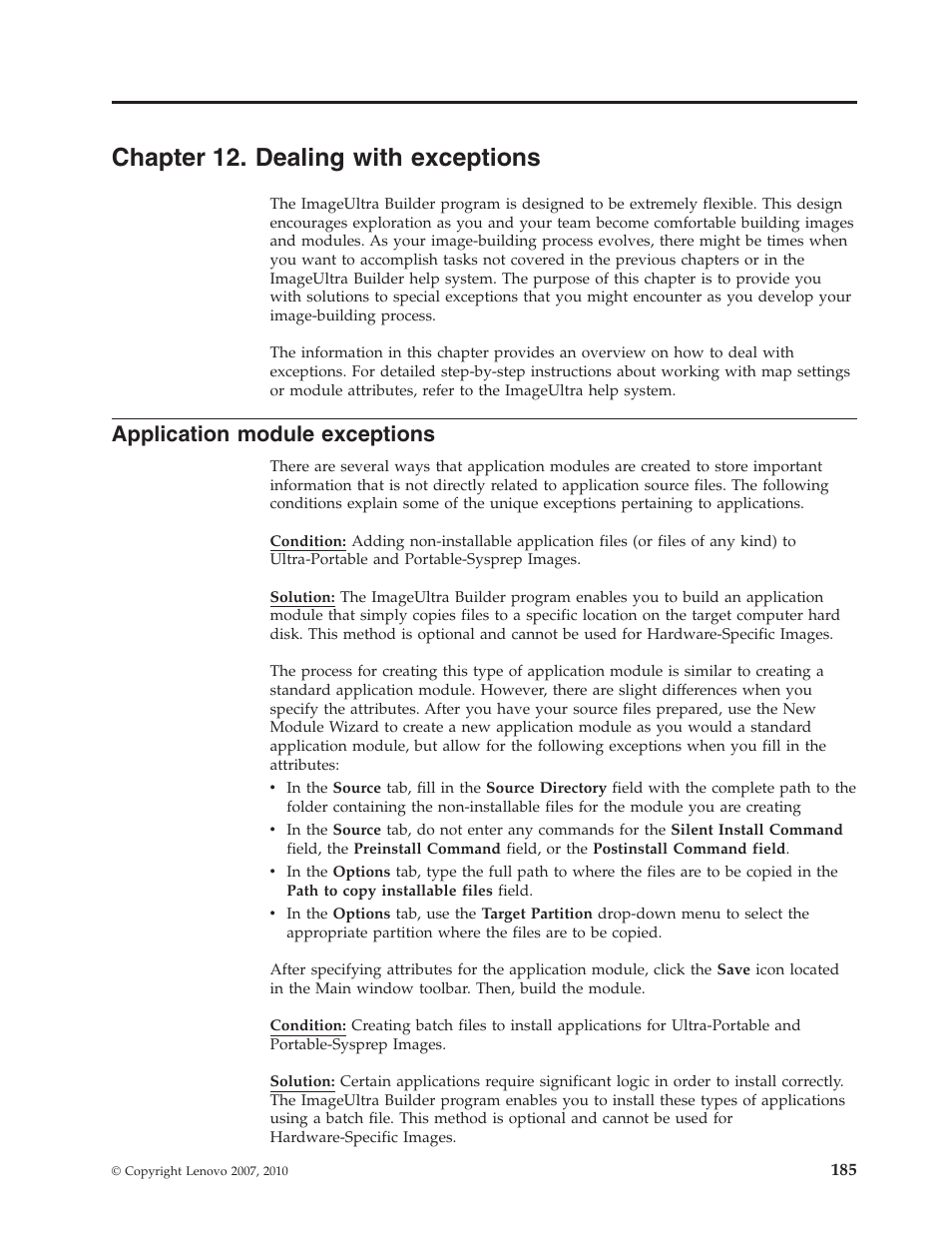 Chapter 12. dealing with exceptions, Application module exceptions | Lenovo ThinkVantage ImageUltra Builder Version 5.0 User Manual | Page 199 / 222