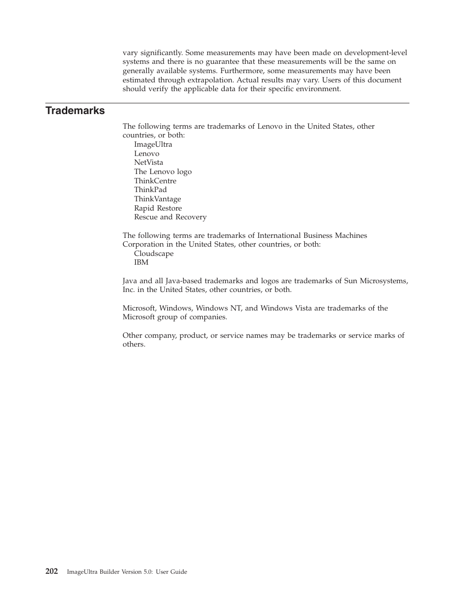 Trademarks | Lenovo ThinkVantage ImageUltra Builder Version 5.0 User Manual | Page 216 / 222