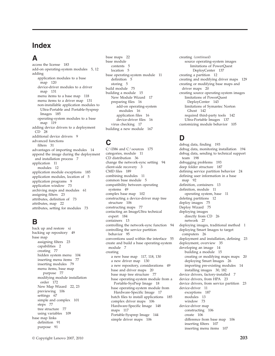 Index, Index a | Lenovo ThinkVantage ImageUltra Builder Version 5.0 User Manual | Page 217 / 222