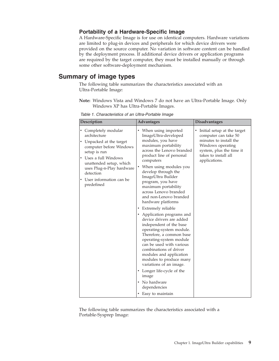 Portability of a hardware-specific image, Summary of image types | Lenovo ThinkVantage ImageUltra Builder Version 5.0 User Manual | Page 23 / 222