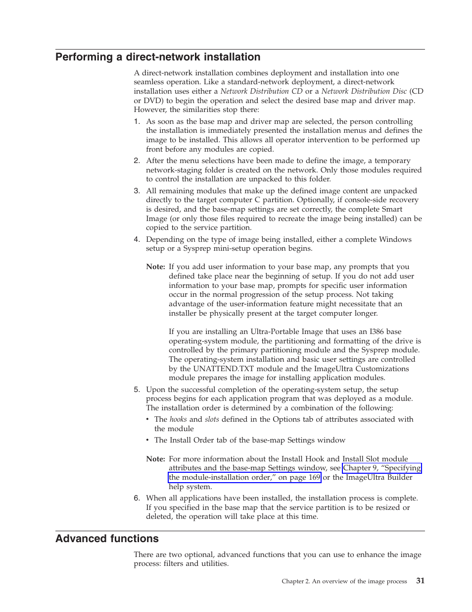 Performing a direct-network installation, Advanced functions | Lenovo ThinkVantage ImageUltra Builder Version 5.0 User Manual | Page 45 / 222