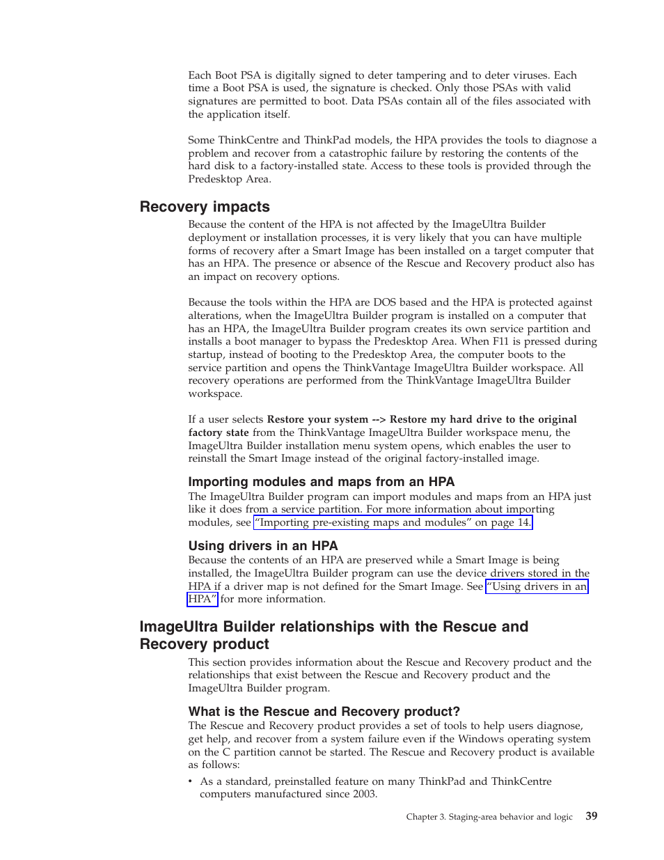 Recovery impacts, Importing modules and maps from an hpa, Using drivers in an hpa | What is the rescue and recovery product | Lenovo ThinkVantage ImageUltra Builder Version 5.0 User Manual | Page 53 / 222