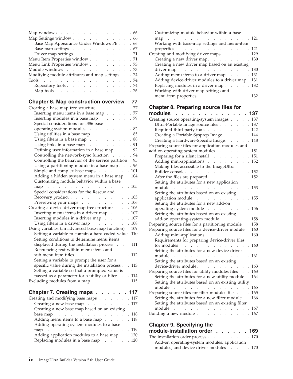 Chapter 6. map construction overview 77, Chapter 7. creating maps, Chapter 8. preparing source files for modules | Lenovo ThinkVantage ImageUltra Builder Version 5.0 User Manual | Page 6 / 222