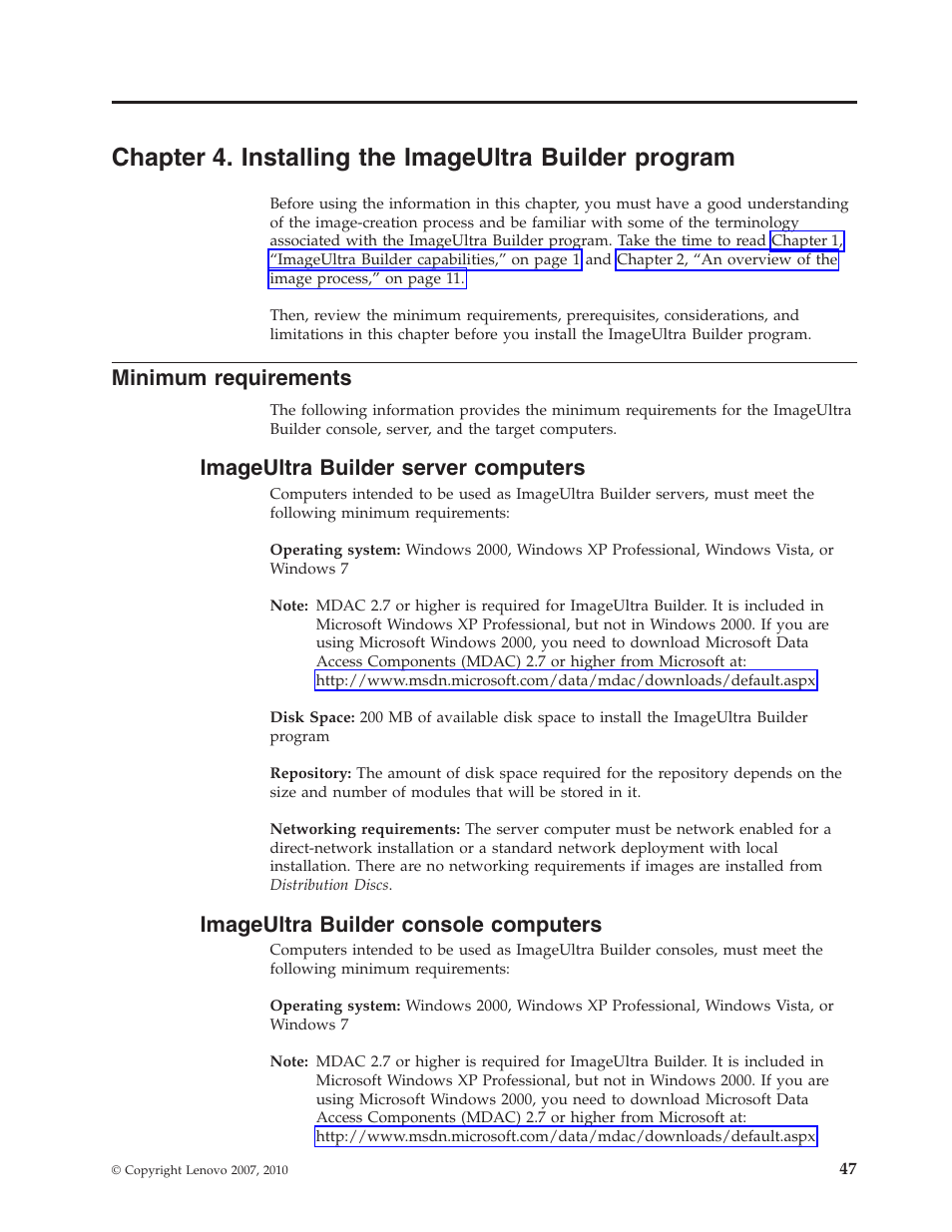 Minimum requirements, Imageultra builder server computers, Imageultra builder console computers | Lenovo ThinkVantage ImageUltra Builder Version 5.0 User Manual | Page 61 / 222