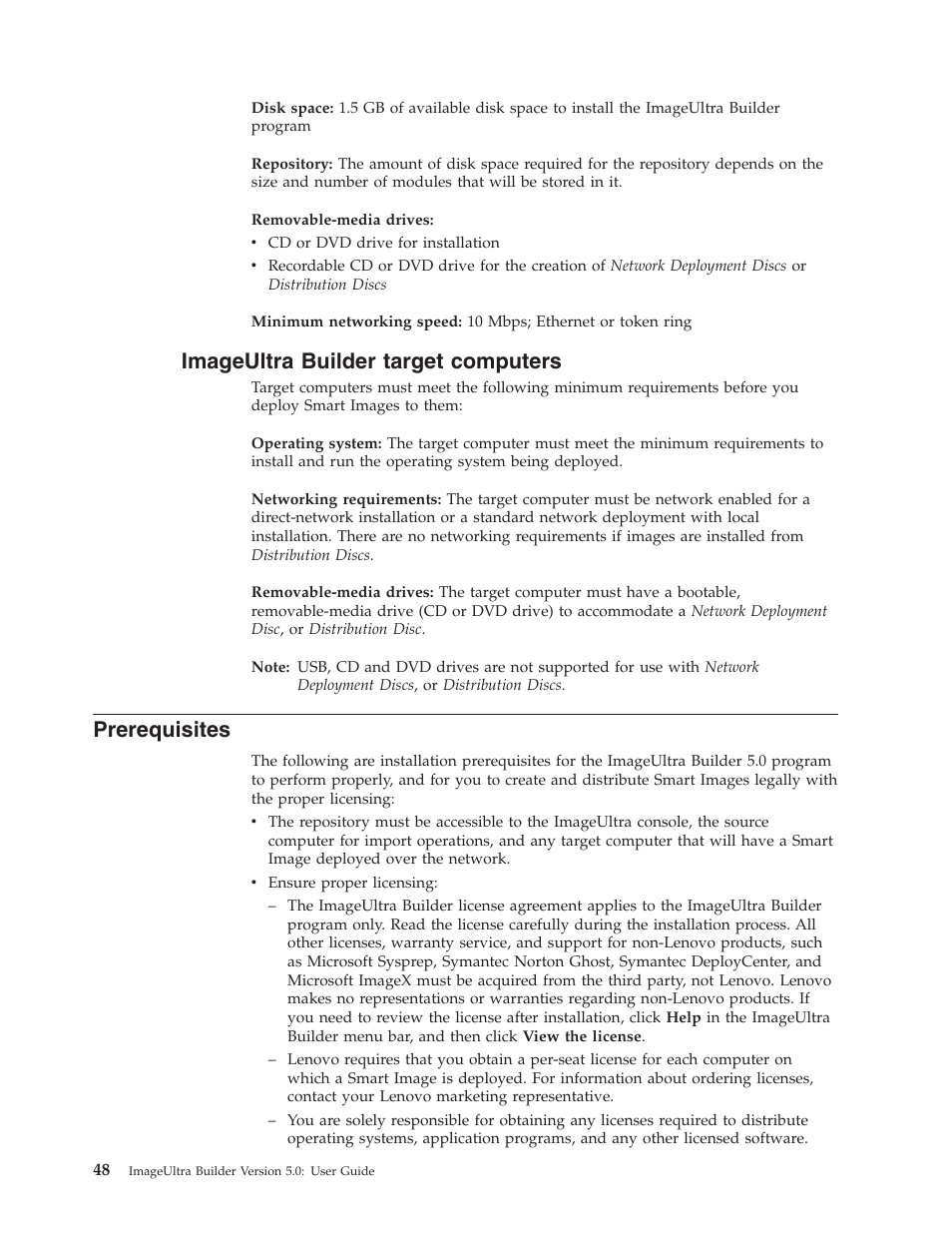 Imageultra builder target computers, Prerequisites | Lenovo ThinkVantage ImageUltra Builder Version 5.0 User Manual | Page 62 / 222