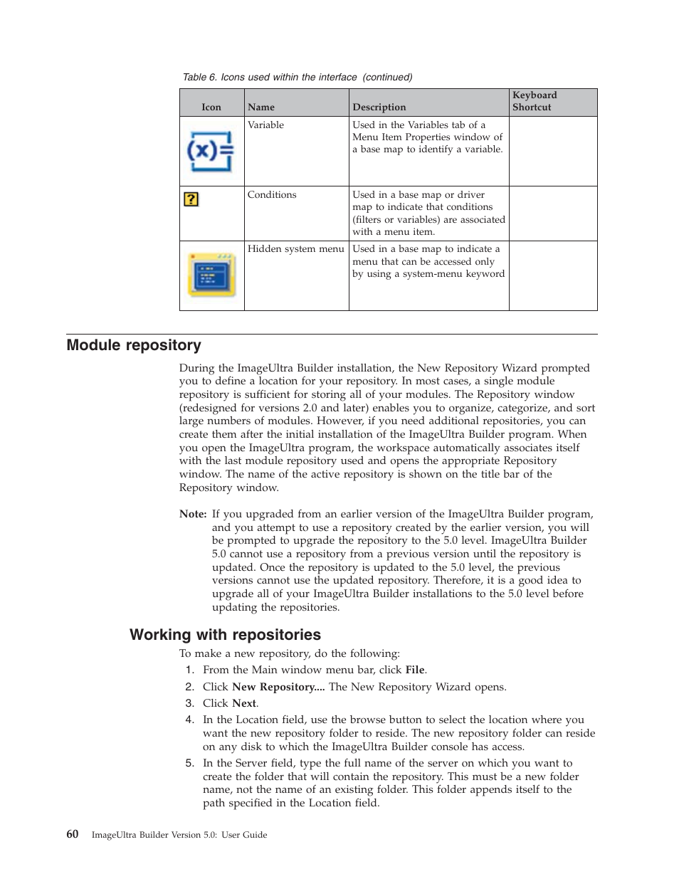 Module repository, Working with repositories | Lenovo ThinkVantage ImageUltra Builder Version 5.0 User Manual | Page 74 / 222