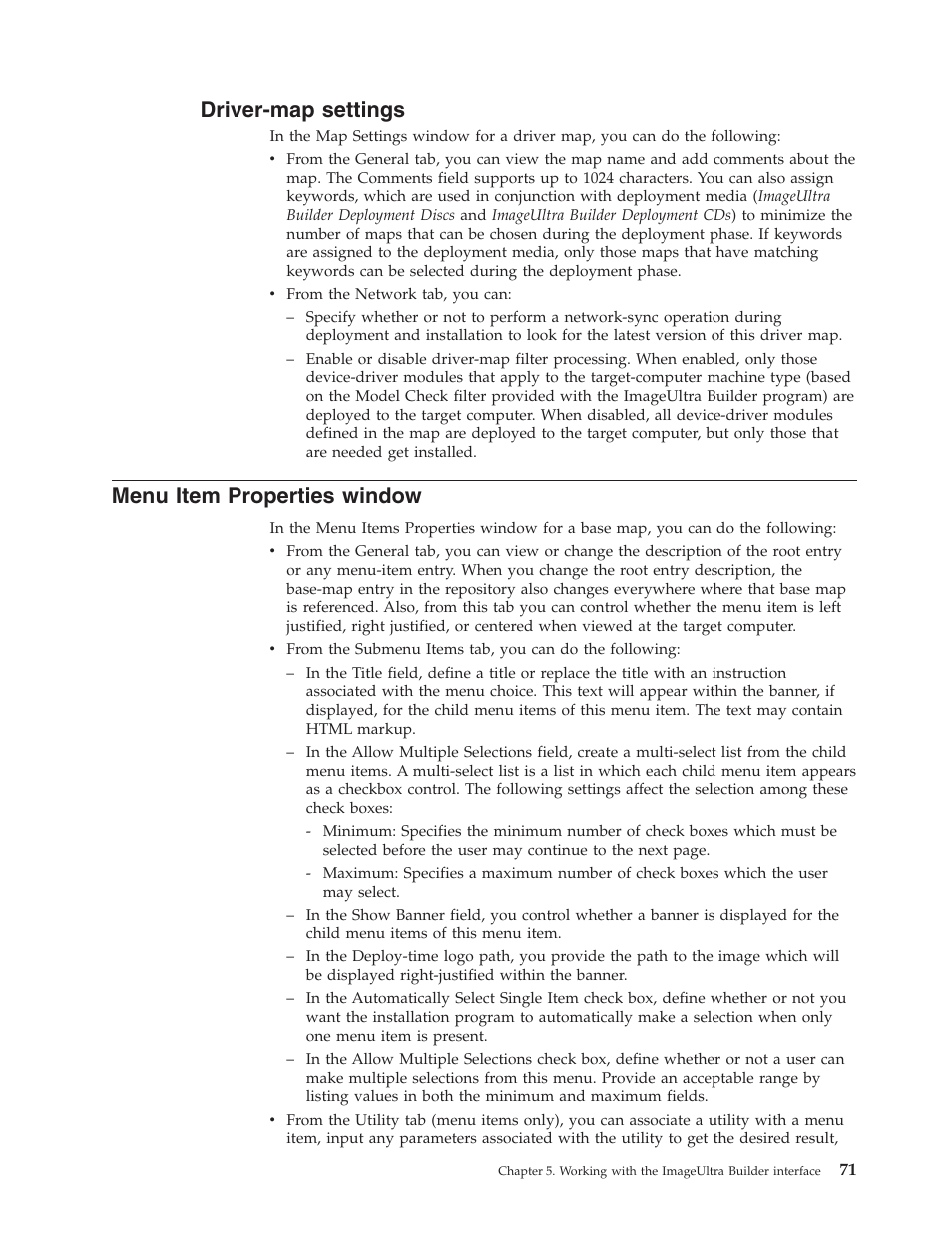 Driver-map settings, Menu item properties window | Lenovo ThinkVantage ImageUltra Builder Version 5.0 User Manual | Page 85 / 222